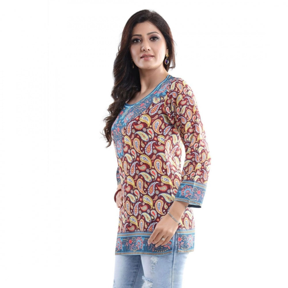 Quarter Sleeve Faux Crepe Printed Short Kurti Tunic Top (Color:Maroon)