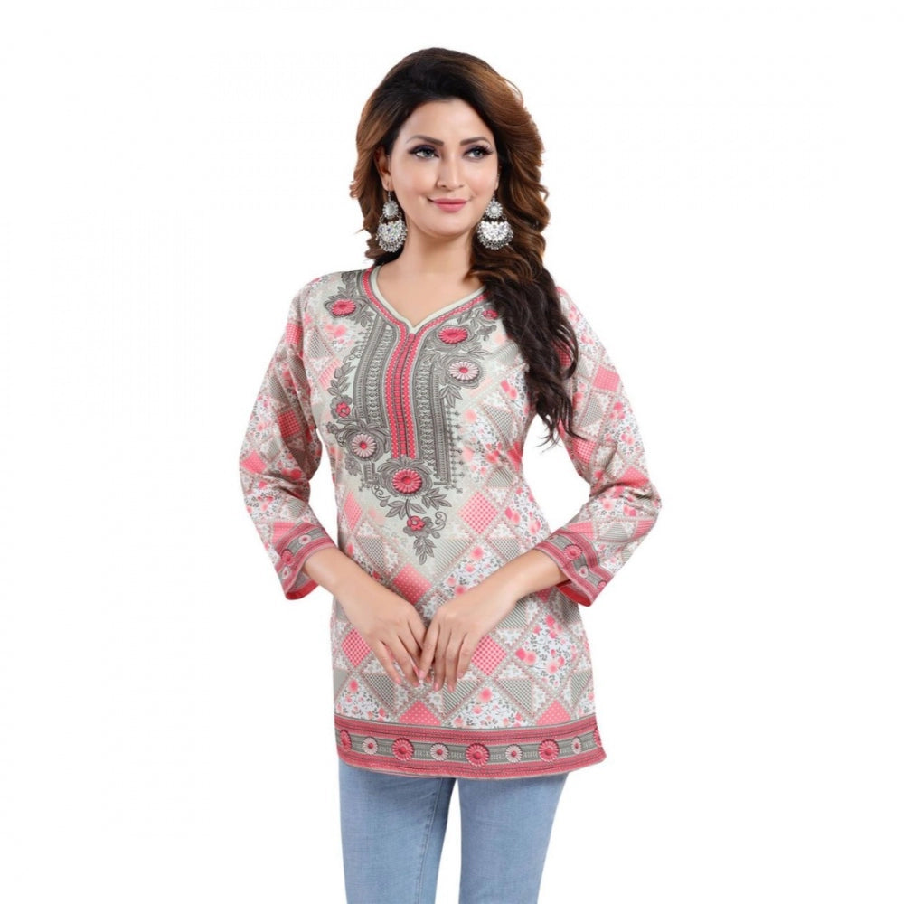 Quarter Sleeve Faux Crepe Printed Short Kurti Tunic Top (Color:Pink)