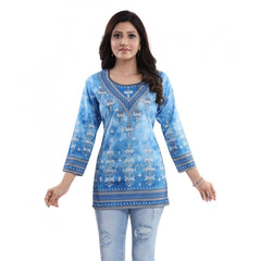 Quarter Sleeve Faux Crepe Printed Short Kurti Tunic Top (Color:Sky Blue)