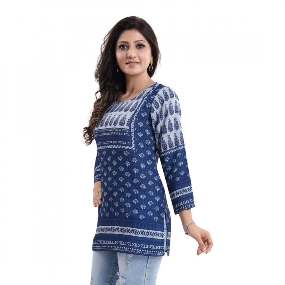 Quarter Sleeve Faux Crepe Printed Short Kurti Tunic Top (Color:Blue)