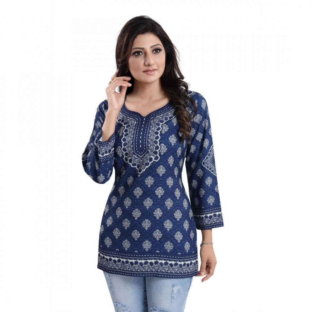 Quarter Sleeve Faux Crepe Printed Short Kurti Tunic Top (Color:Blue)