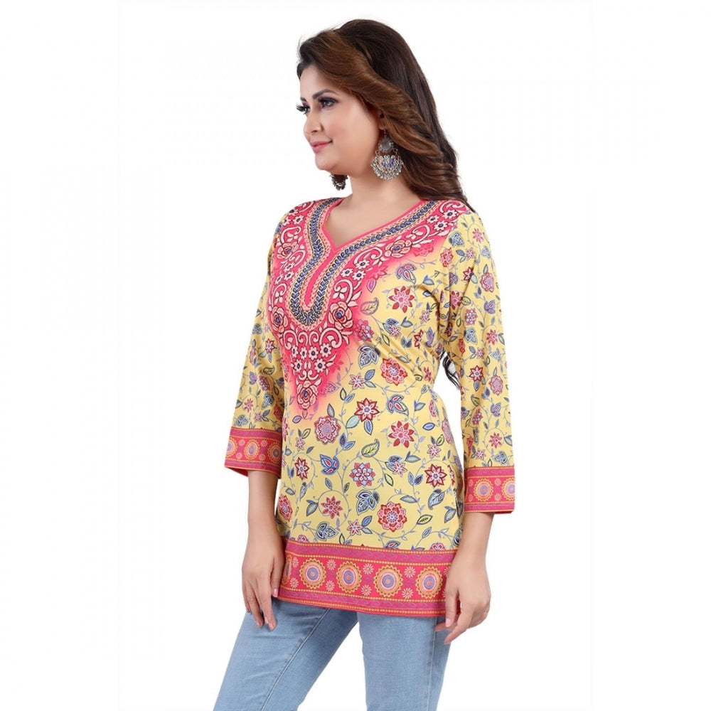 Quarter Sleeve Faux Crepe Printed Short Kurti Tunic Top (Color:Yellow)