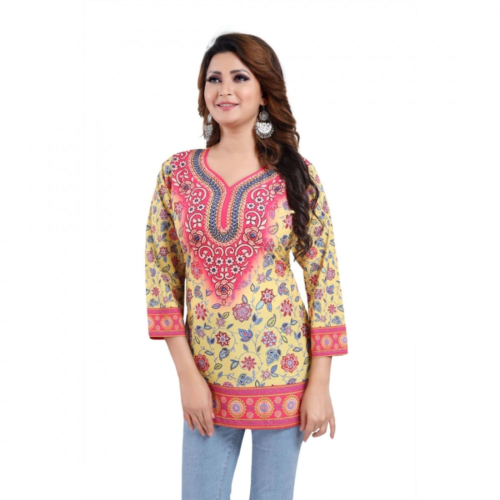 Quarter Sleeve Faux Crepe Printed Short Kurti Tunic Top (Color:Yellow)