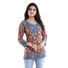 Quarter Sleeve Faux Crepe Printed Short Kurti Tunic Top (Color:Maroon)