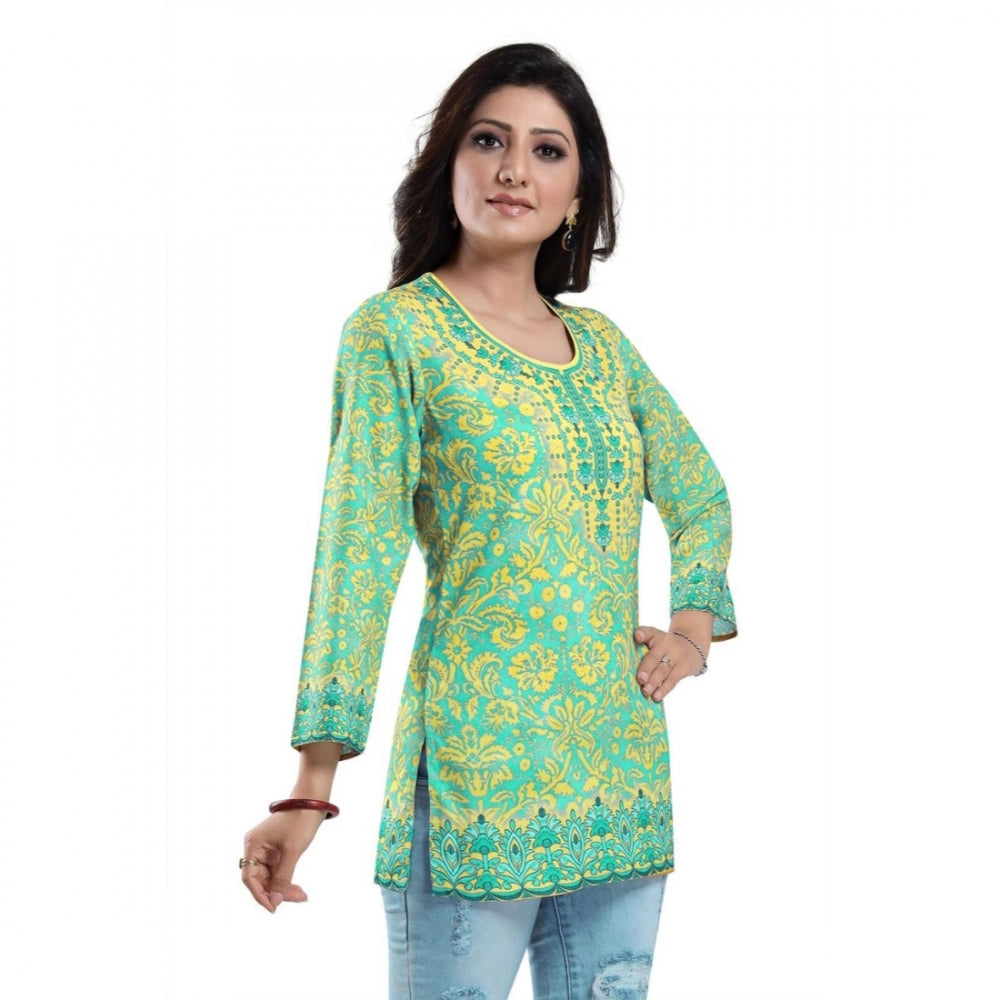 Quarter Sleeve Faux Crepe Printed Short Kurti Tunic Top (Color:Green)