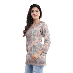 Quarter Sleeve Faux Crepe Printed Short Kurti Tunic Top (Color:Pastel)