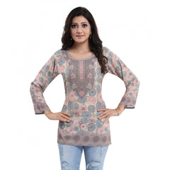 Quarter Sleeve Faux Crepe Printed Short Kurti Tunic Top (Color:Pastel)