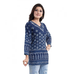 Quarter Sleeve Faux Crepe Printed Short Kurti Tunic Top (Color:Blue)