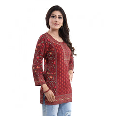 Quarter Sleeve Faux Crepe Printed Short Kurti Tunic Top (Color:Red)