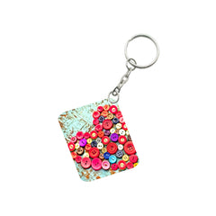 Pack Of 3_ Heart Shape Decorated With Buttons One Side Printed Rectangle Designer Keychain (Multi Color)