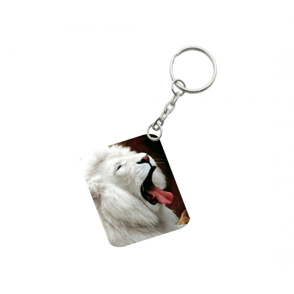 Pack of 3  White Lion One Side Printed Rectangle Designer Keychain (White)