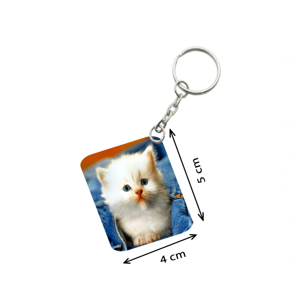 Pack Of 3_ White Cat One Side Printed Rectangle Designer Keychain (White)