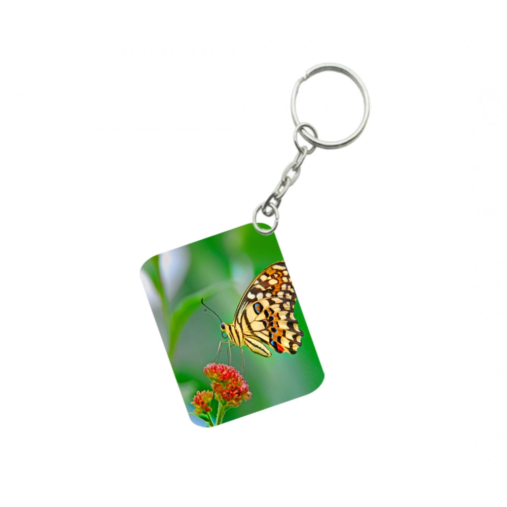 Pack Of 3_ Red Flower With Butterfly One Side Printed Rectangle Designer Keychain (Red)