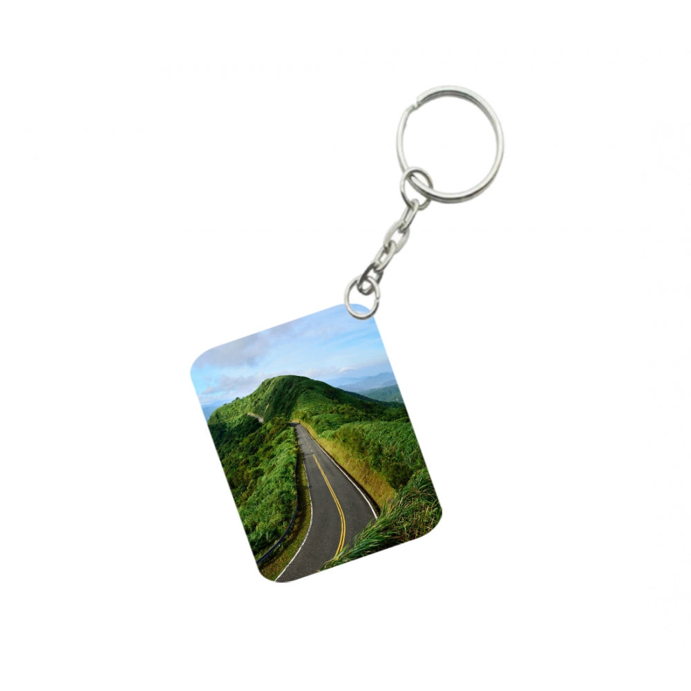 Pack Of 3_ Landscape Mountains Road Green One Side Printed Rectangle Designer Keychain (Green)