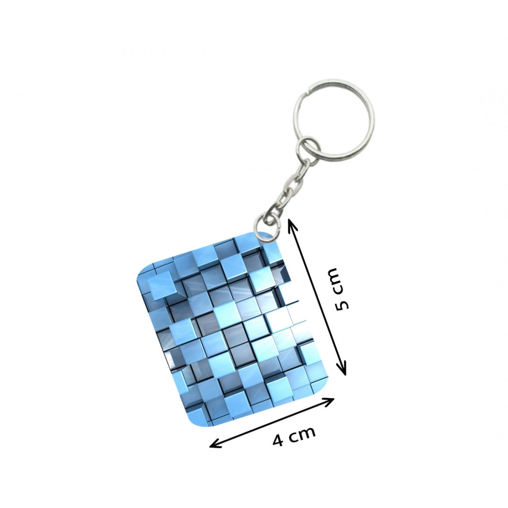 Pack Of 3_ Blue Cubes One Side Printed Rectangle Designer Keychain (Blue)