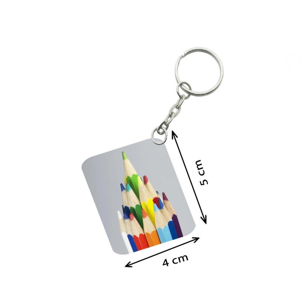 Pack Of 3_ Pencil One Side Printed Rectangle Designer Keychain (Multi Color)