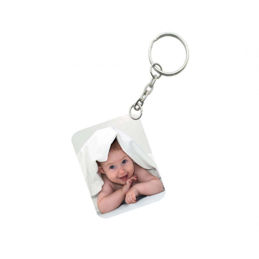 Pack Of 3_ Baby With Smile One Side Printed Rectangle Designer Keychain (White)