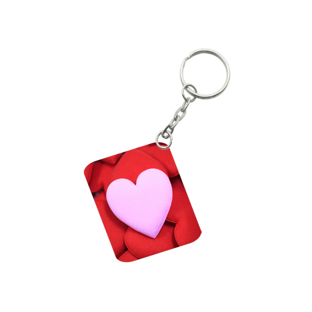 Pack Of 3_ Pink Heart One Side Printed Rectangle Designer Keychain (Pink)