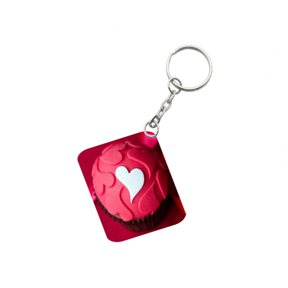 Pack Of 3_ Cake Shape Pink Heart One Side Printed Rectangle Designer Keychain (Red)