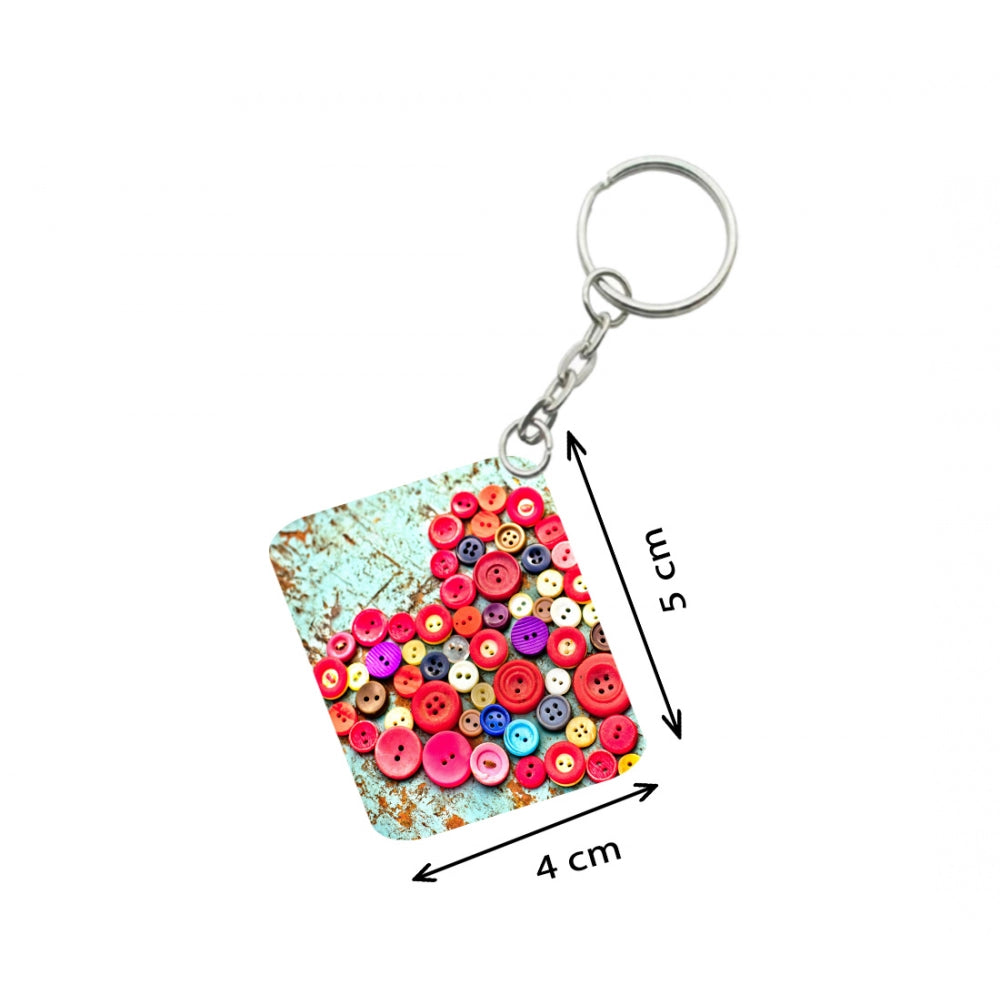 Pack Of 3_ Heart Shape Decorated With Buttons One Side Printed Rectangle Designer Keychain (Multi Color)