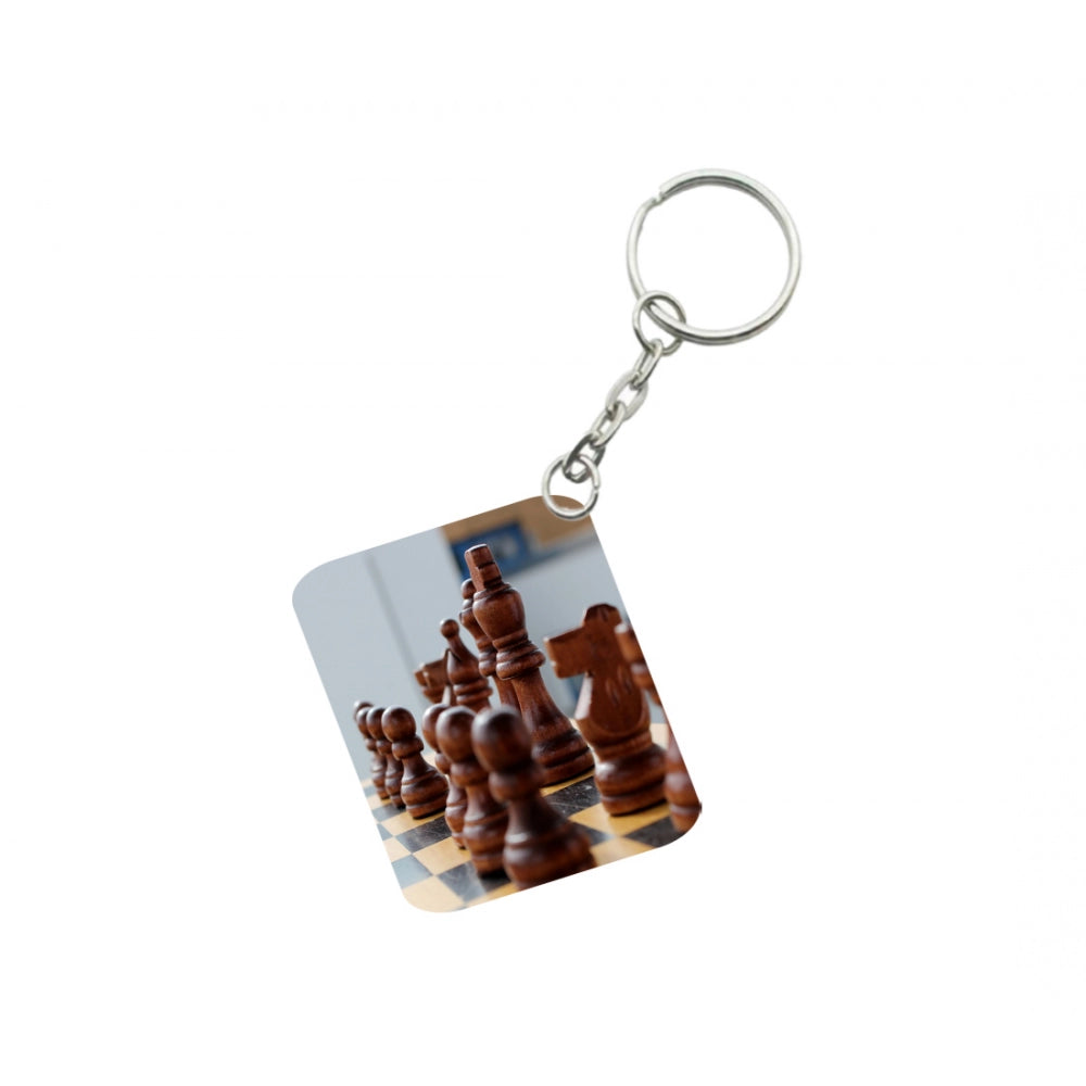 Pack of 3  Chess Set One Side Printed Rectangle Designer Keychain (Brown)