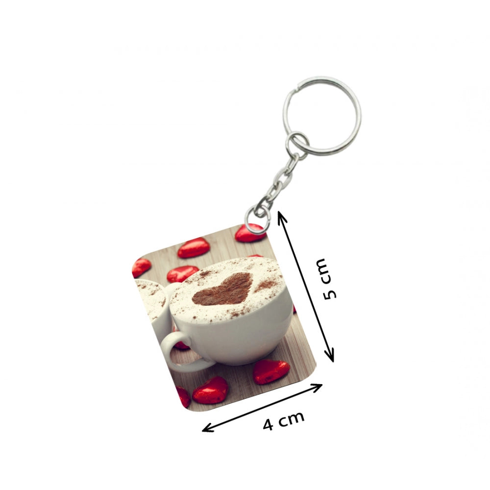 Pack Of 3_ Cup Of Coffee With Heart-Shaped Froth One Side Printed Rectangle Designer Keychain (White)