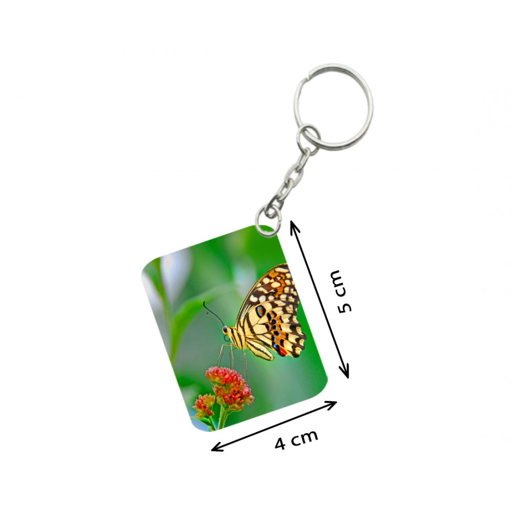 Pack Of 3_ Red Flower With Butterfly One Side Printed Rectangle Designer Keychain (Red)