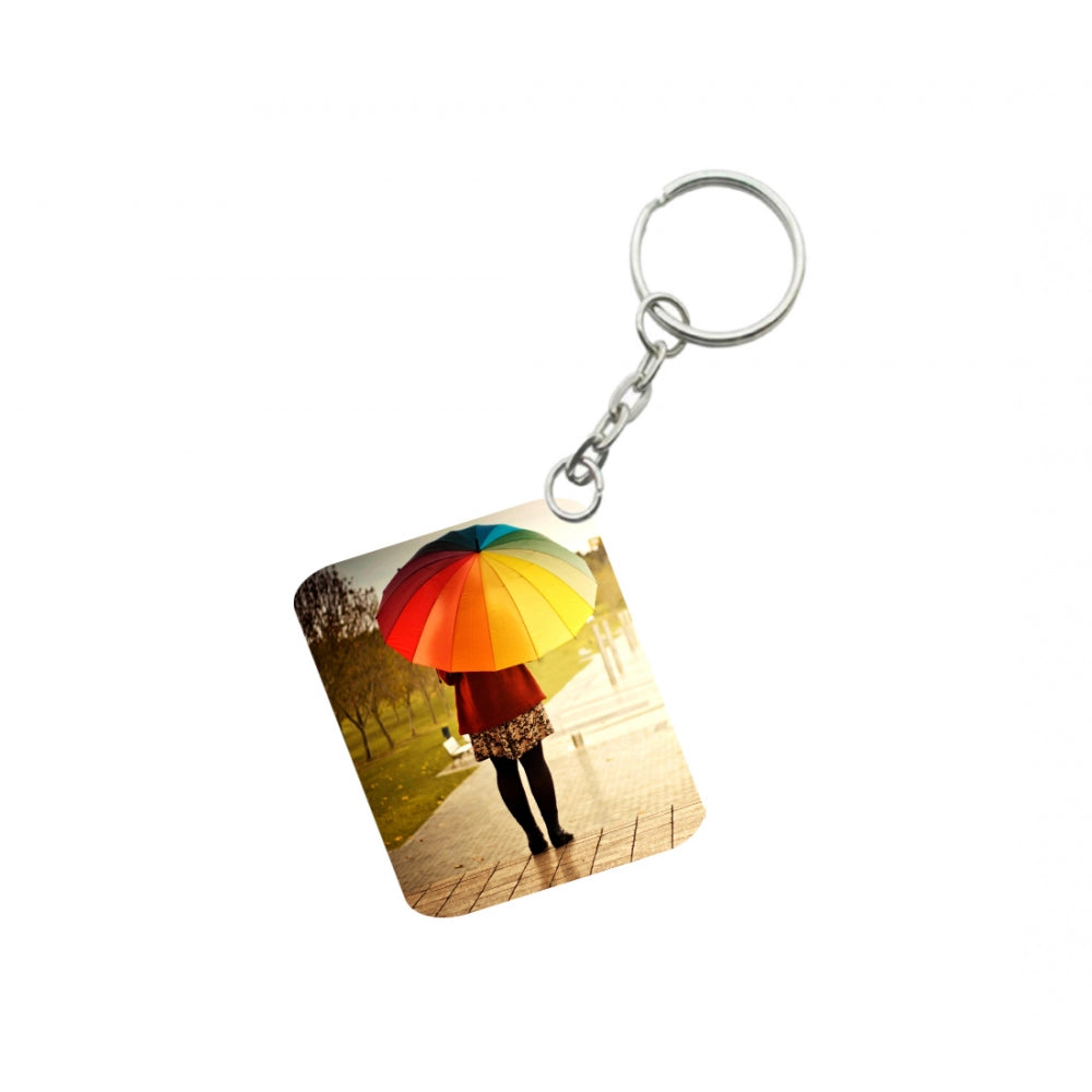 Pack Of 3_ Girl Under Umbrella One Side Printed Rectangle Designer Keychain (Multi Color)