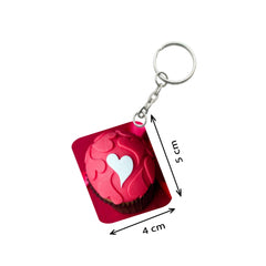 Pack Of 3_ Cake Shape Pink Heart One Side Printed Rectangle Designer Keychain (Red)