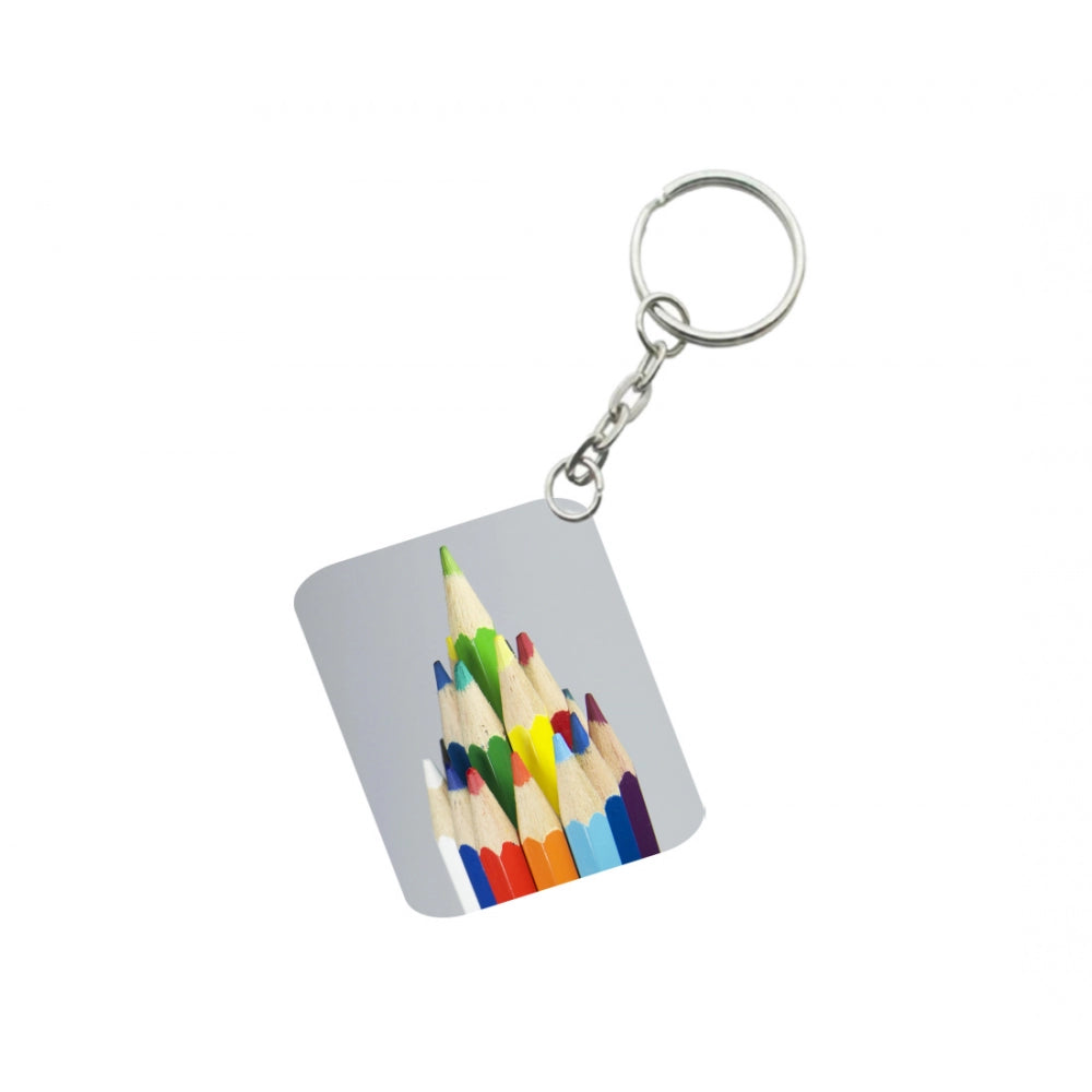 Pack Of 3_ Pencil One Side Printed Rectangle Designer Keychain (Multi Color)