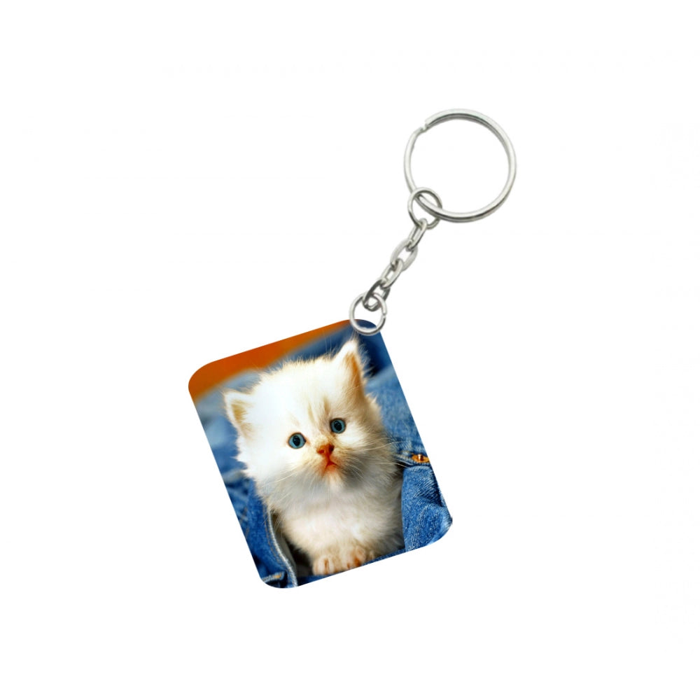 Pack Of 3_ White Cat One Side Printed Rectangle Designer Keychain (White)