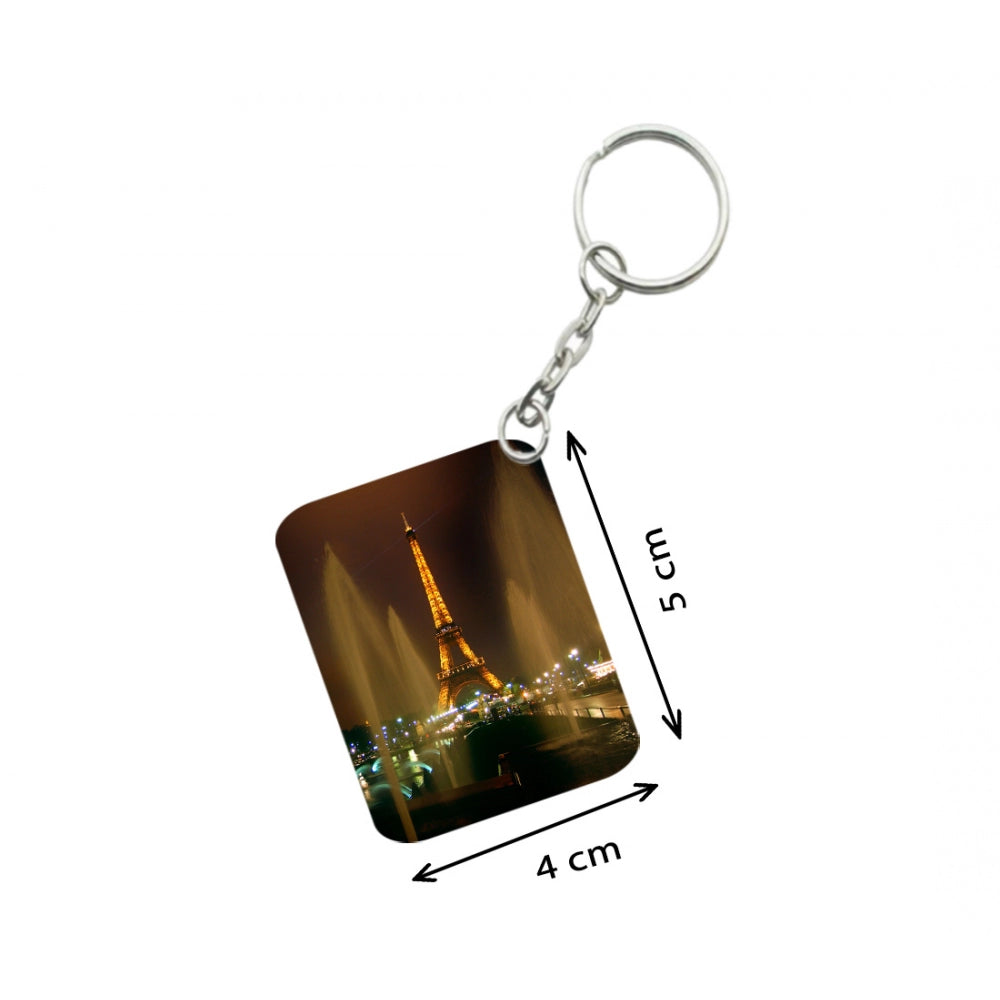 Pack Of 3_ Eiffel Tower One Side Printed Rectangle Designer Keychain (Golden)