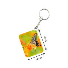 Pack of 3  Orange Flower With Butterfly One Side Printed Rectangle Designer Keychain (Orange)