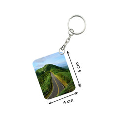 Pack Of 3_ Landscape Mountains Road Green One Side Printed Rectangle Designer Keychain (Green)