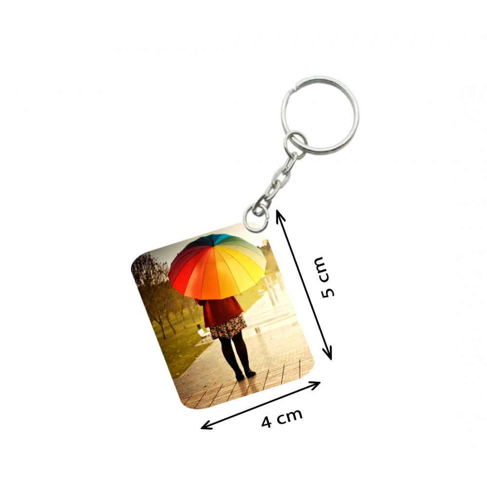 Pack Of 3_ Girl Under Umbrella One Side Printed Rectangle Designer Keychain (Multi Color)