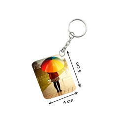 Pack Of 3_ Girl Under Umbrella One Side Printed Rectangle Designer Keychain (Multi Color)