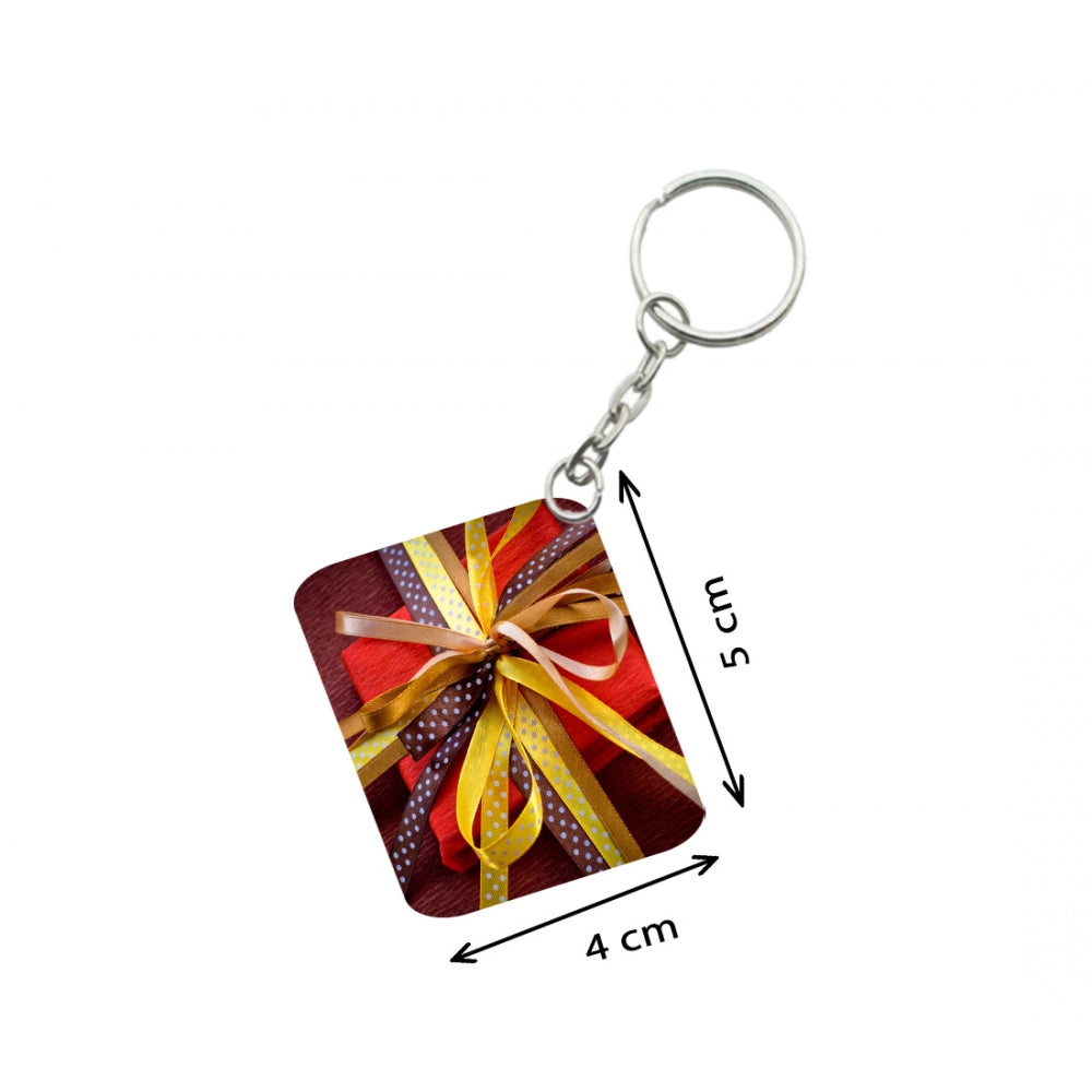 Pack Of 3_ Gift Ribban One Side Printed Rectangle Designer Keychain (Multi Color)