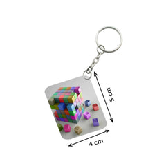 Pack Of 3_ 3D Cubes One Side Printed Rectangle Designer Keychain (Multi Color)