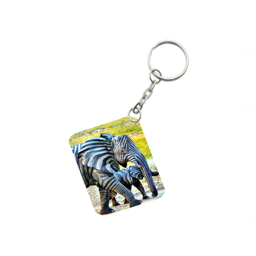 Pack Of 3_ Zebra Elephant One Side Printed Rectangle Designer Keychain (Black and White)