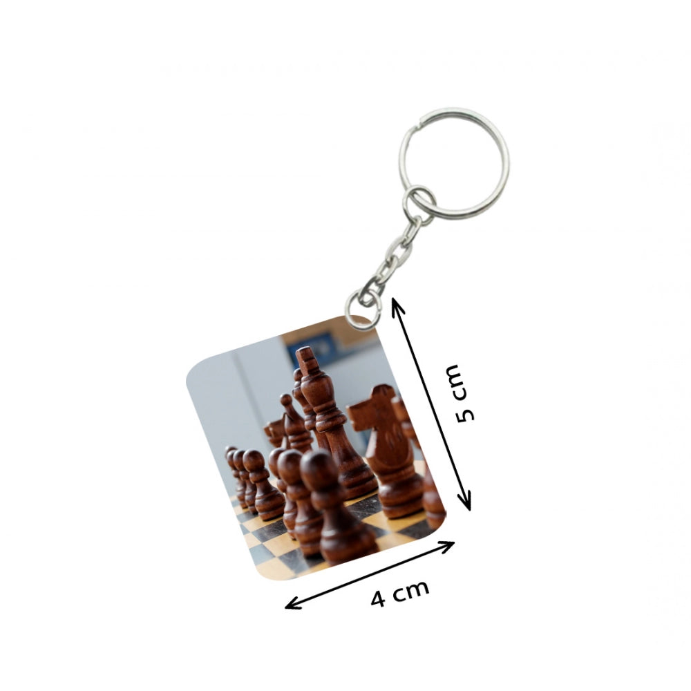 Pack of 3  Chess Set One Side Printed Rectangle Designer Keychain (Brown)