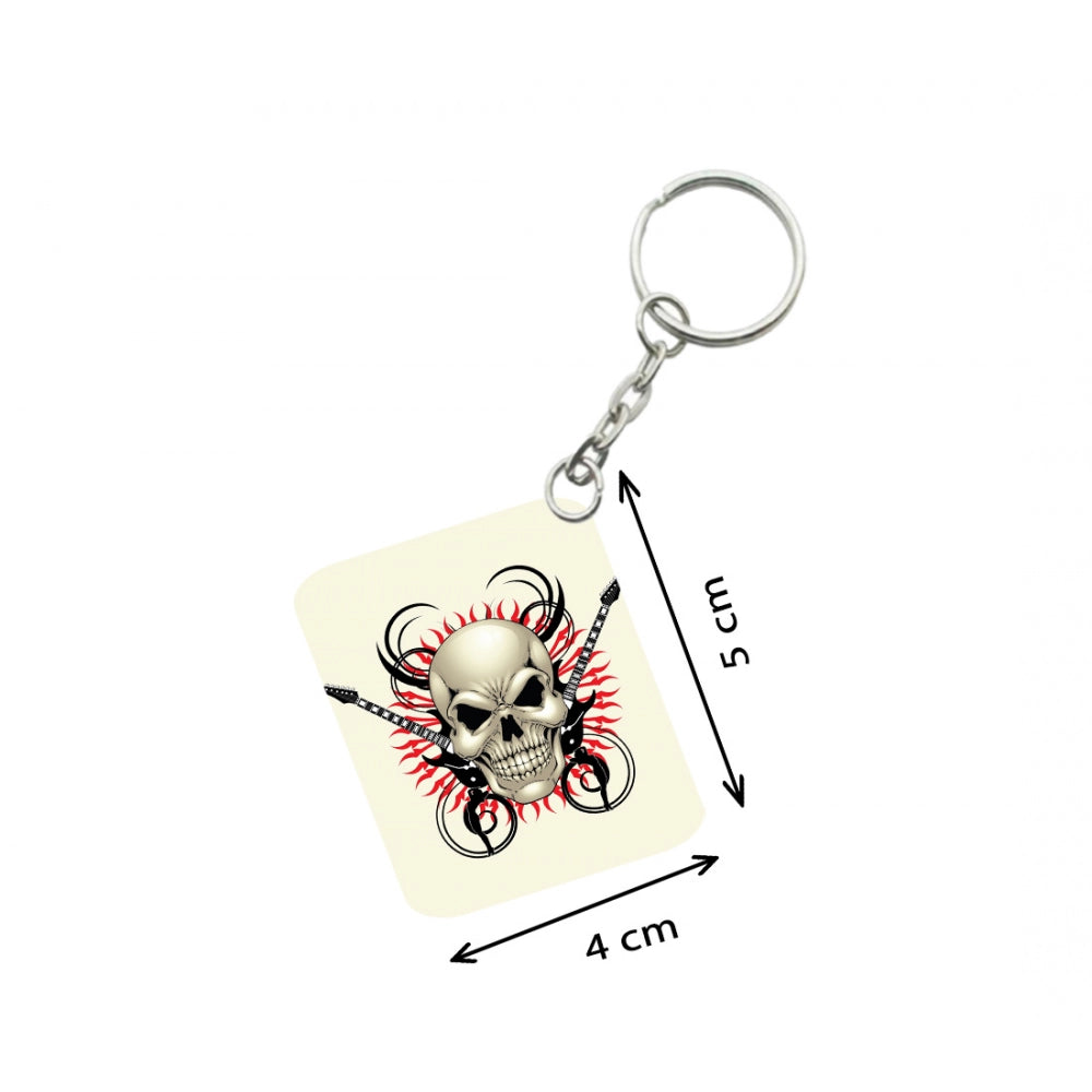 Pack Of 3_ Skull With Music One Side Printed Rectangle Designer Keychain (White)