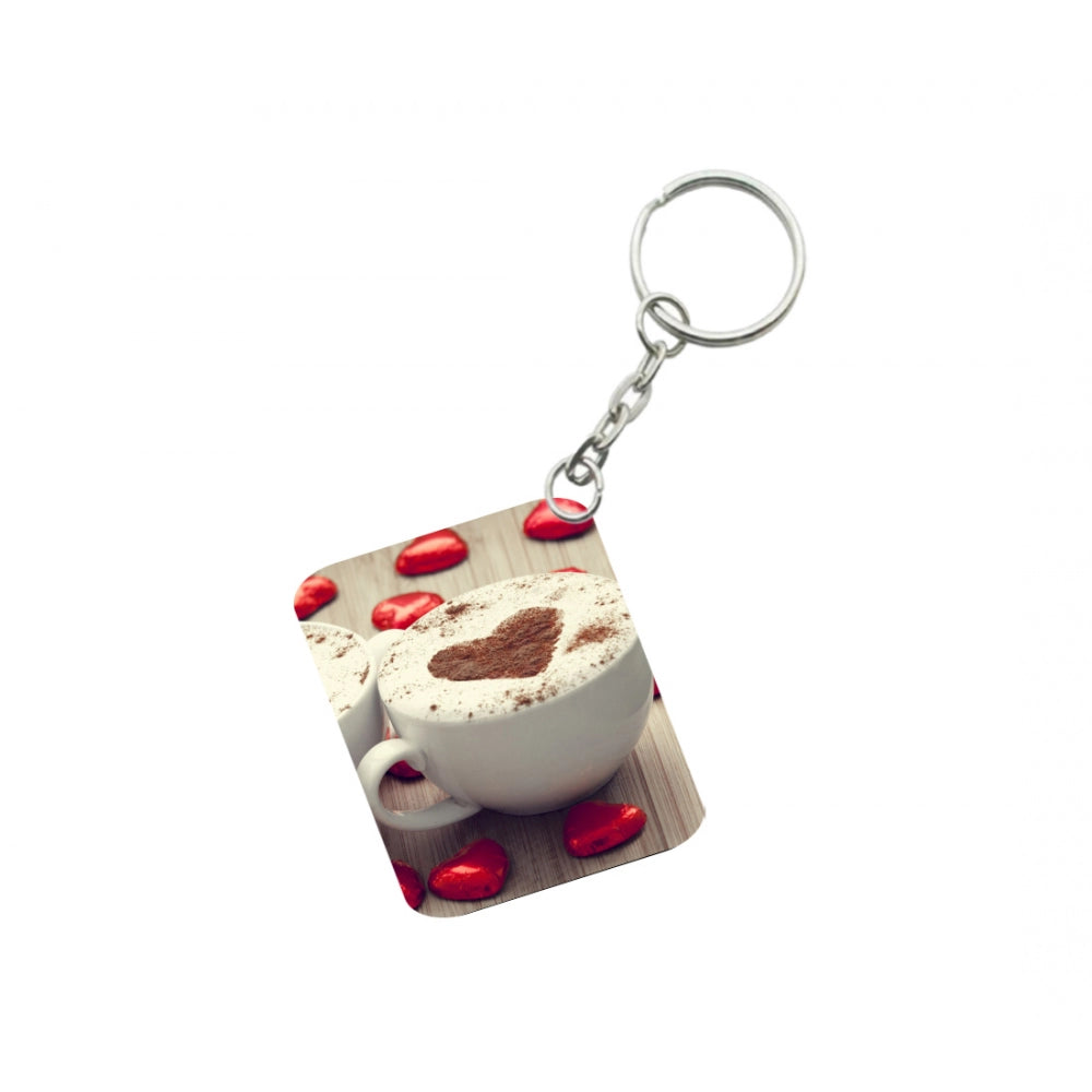 Pack Of 3_ Cup Of Coffee With Heart-Shaped Froth One Side Printed Rectangle Designer Keychain (White)