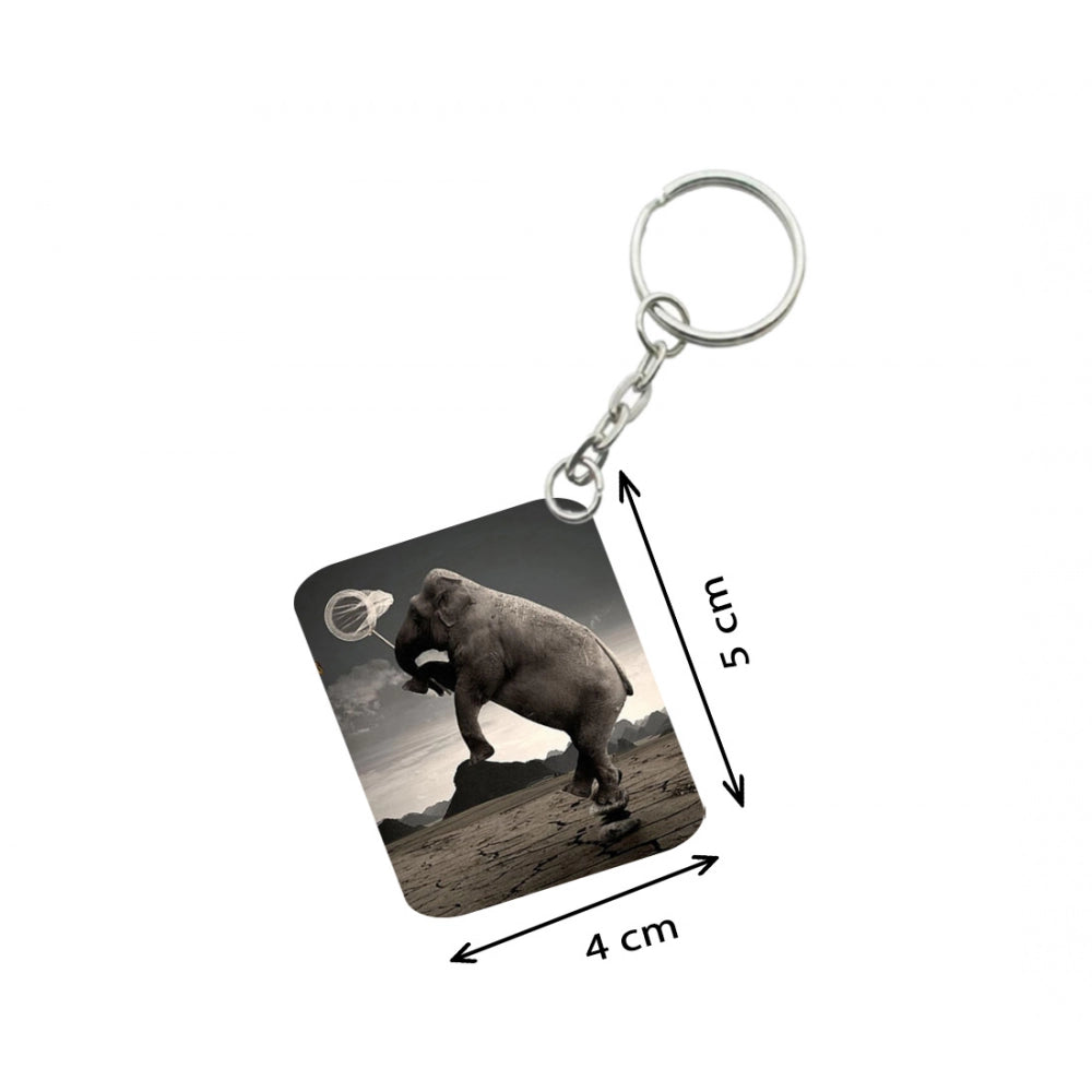 Pack of 3  Elephant Clip Art One Side Printed Rectangle Designer Keychain (Black)