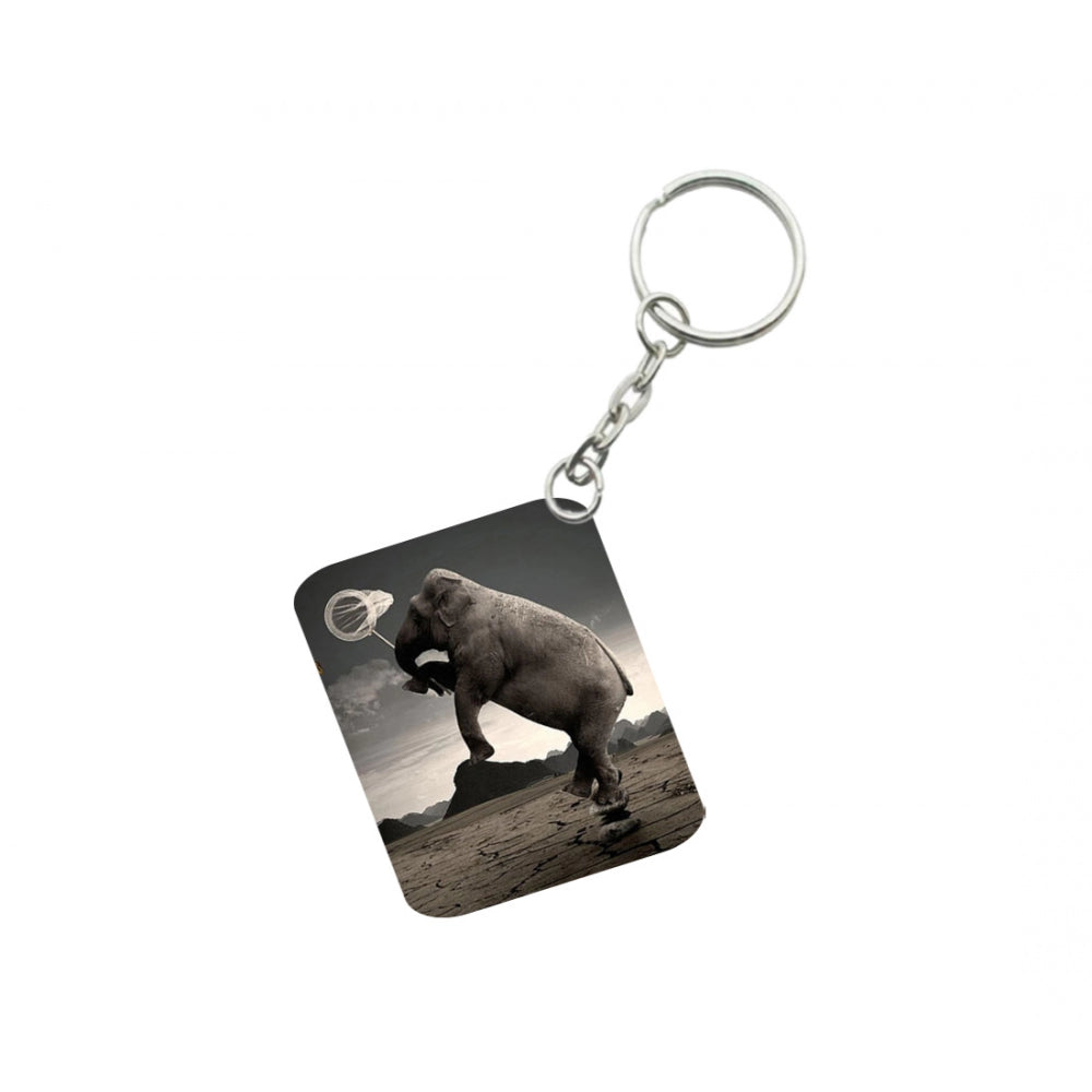 Pack of 3  Elephant Clip Art One Side Printed Rectangle Designer Keychain (Black)