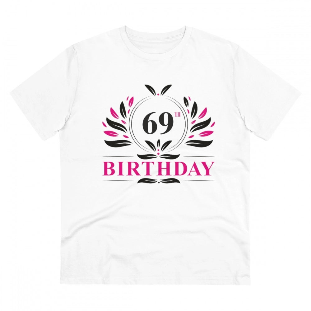 Men's PC Cotton 69th Birthday Printed T Shirt (Color: White, Thread Count: 180GSM)