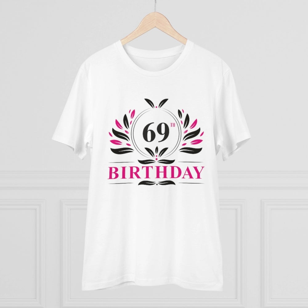 Men's PC Cotton 69th Birthday Printed T Shirt (Color: White, Thread Count: 180GSM)