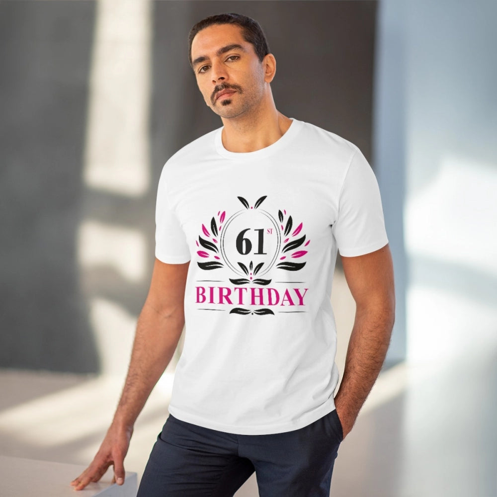 Men's PC Cotton 61st Birthday Printed T Shirt (Color: White, Thread Count: 180GSM)