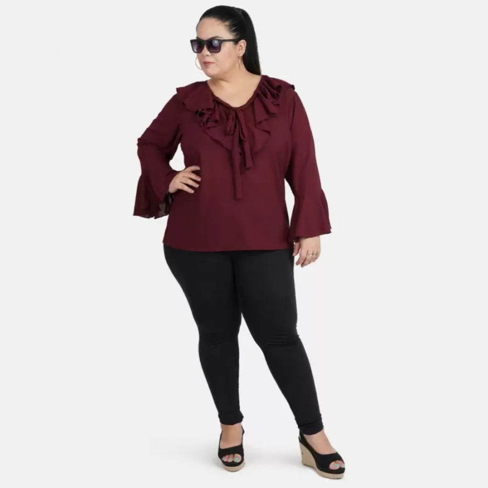 Women's Casual Bell Sleeve Solid Maroon Top (Color:Maroon, Material:Georgette)