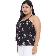 Women's Casual Floral Print Black Top (Color:Black, Material:Polyester)