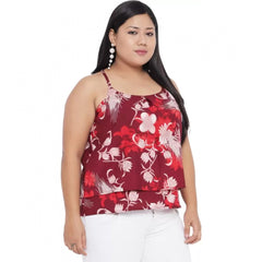 Women's Casual Floral Print Red Top (Color:Red, Material:Polyester)